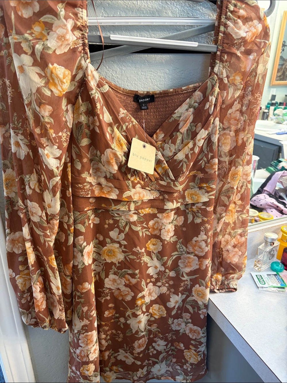 Blu Pepper Brown Floral Long-Sleeve V-Neck Dress